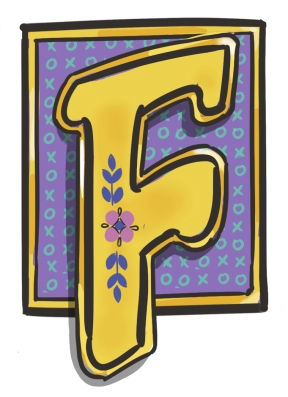 Initial letter F with purple background